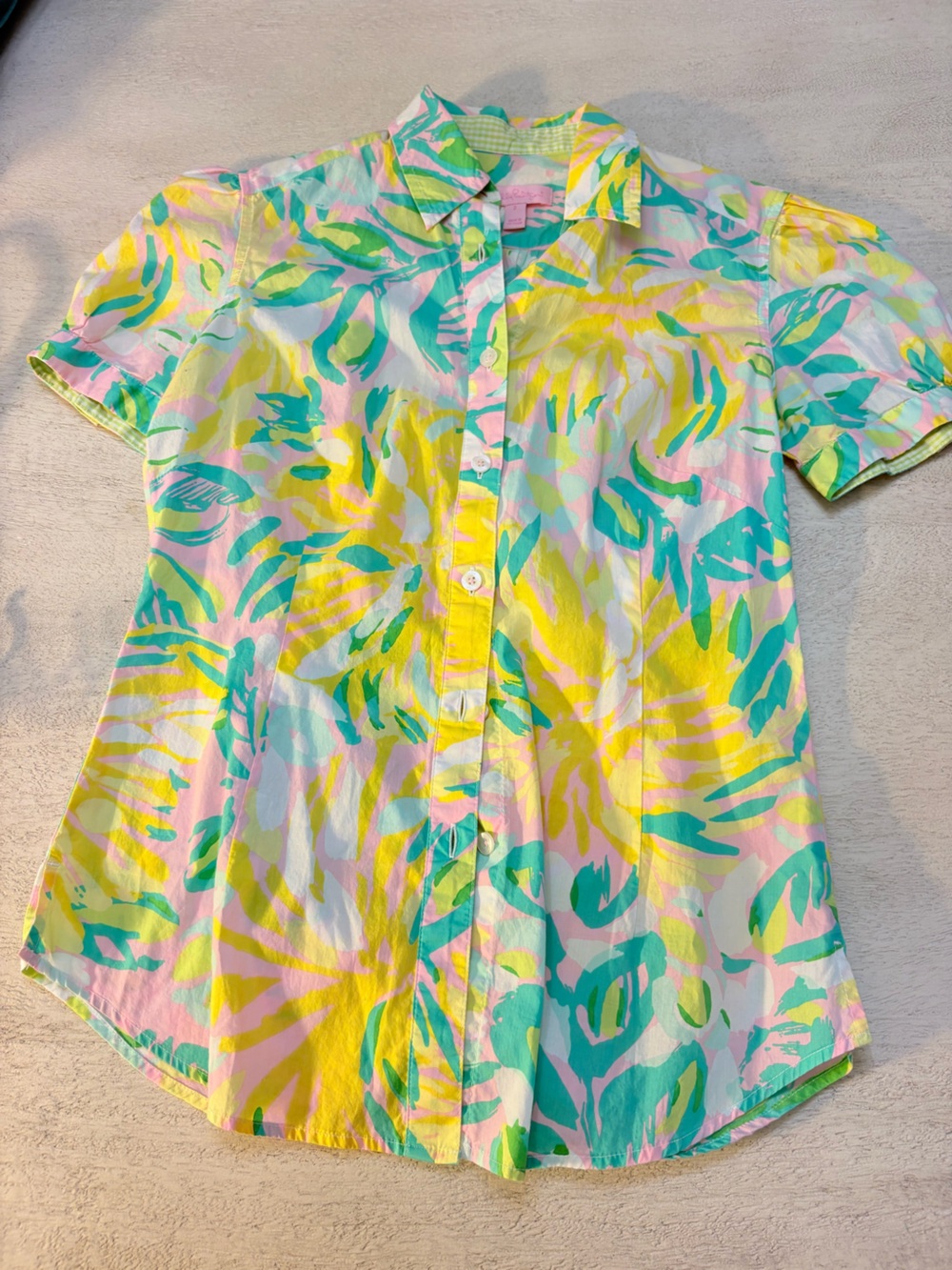 Lilly Pulitzer Yellow Pink Teal Palm Print Button Down Shirt
